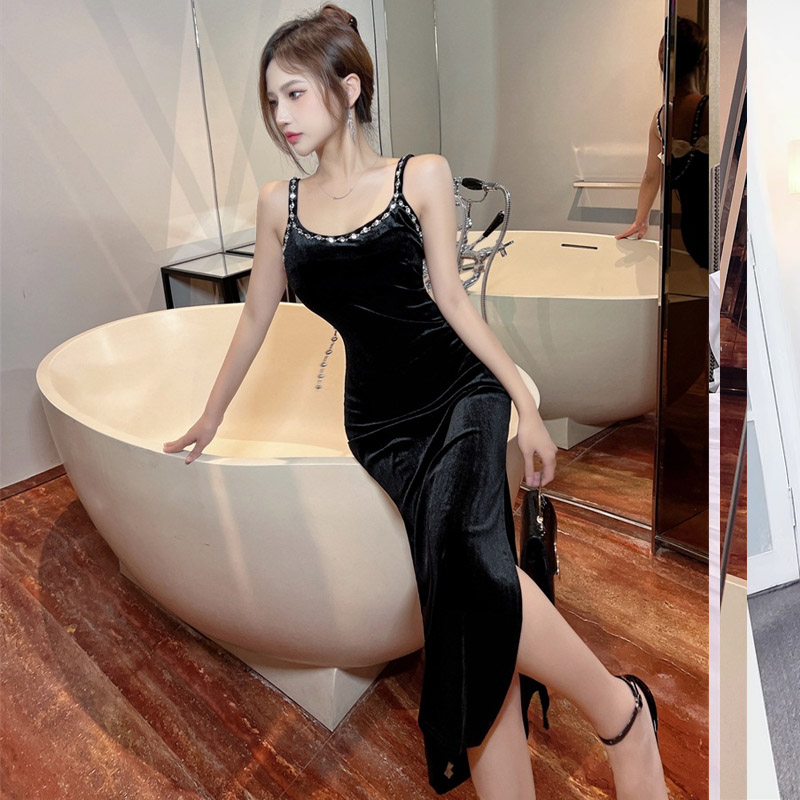 Hepburn style evening dress autumn and winter strap dress