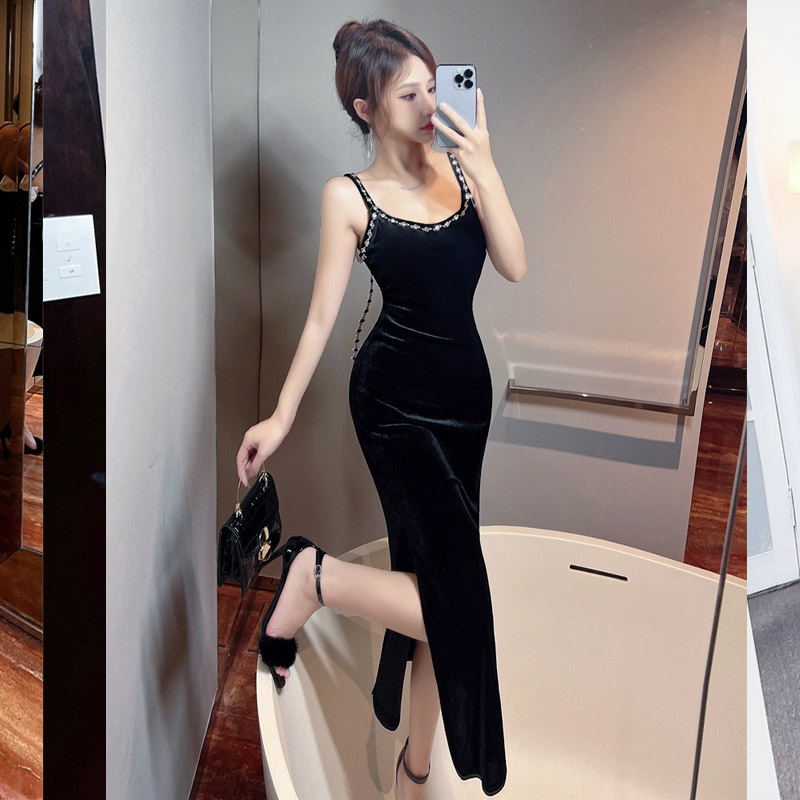 Hepburn style evening dress autumn and winter strap dress