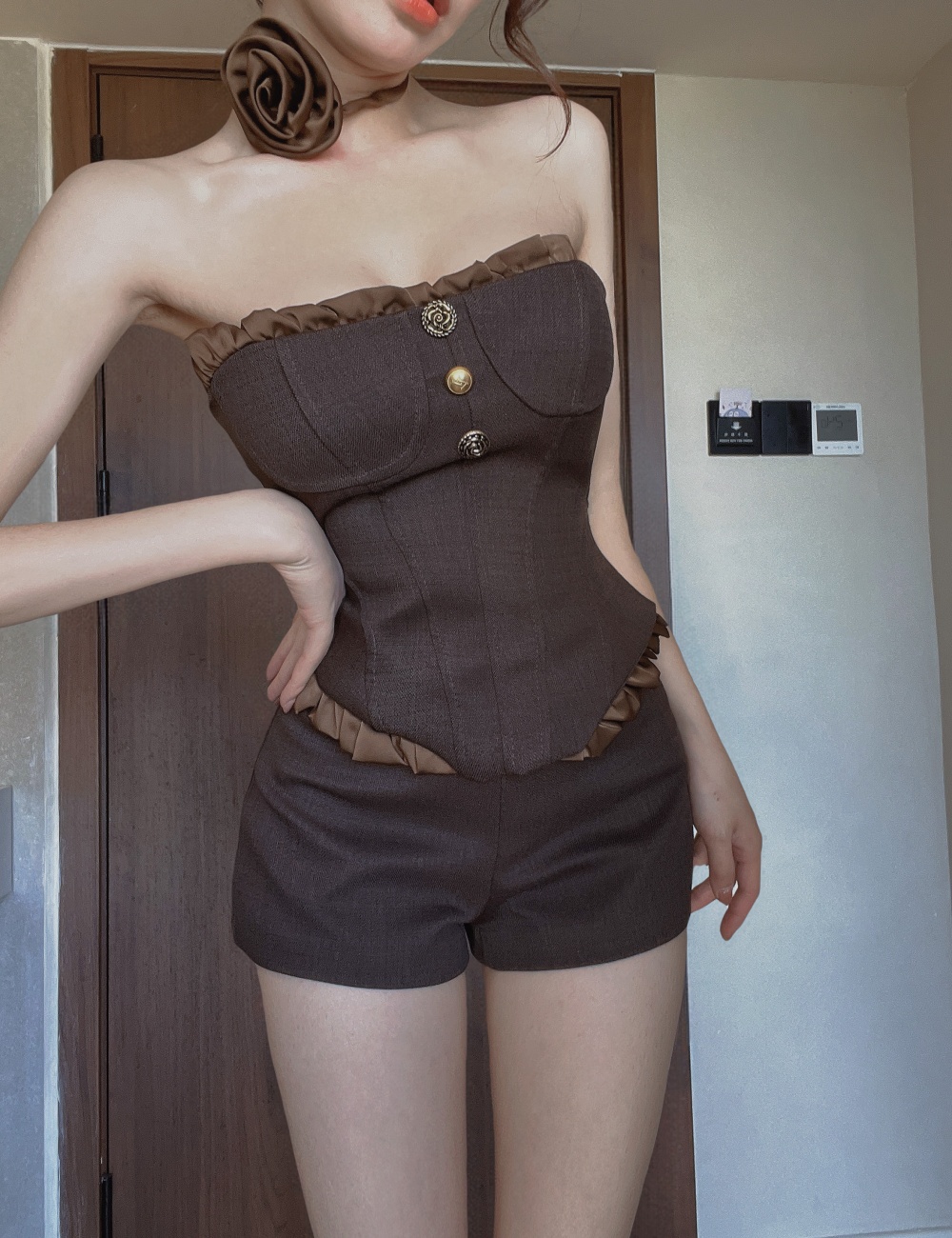 Lace metal buckles shorts wrapped chest vest 2pcs set