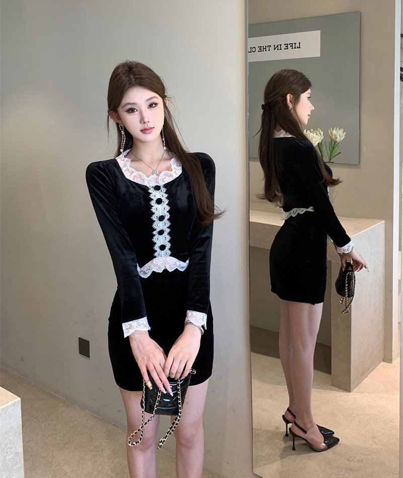 Lace splice tops slim skirt 2pcs set