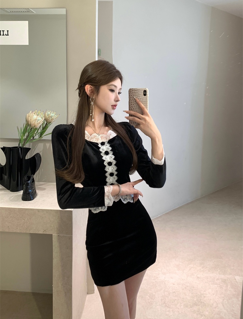 Lace splice tops slim skirt 2pcs set