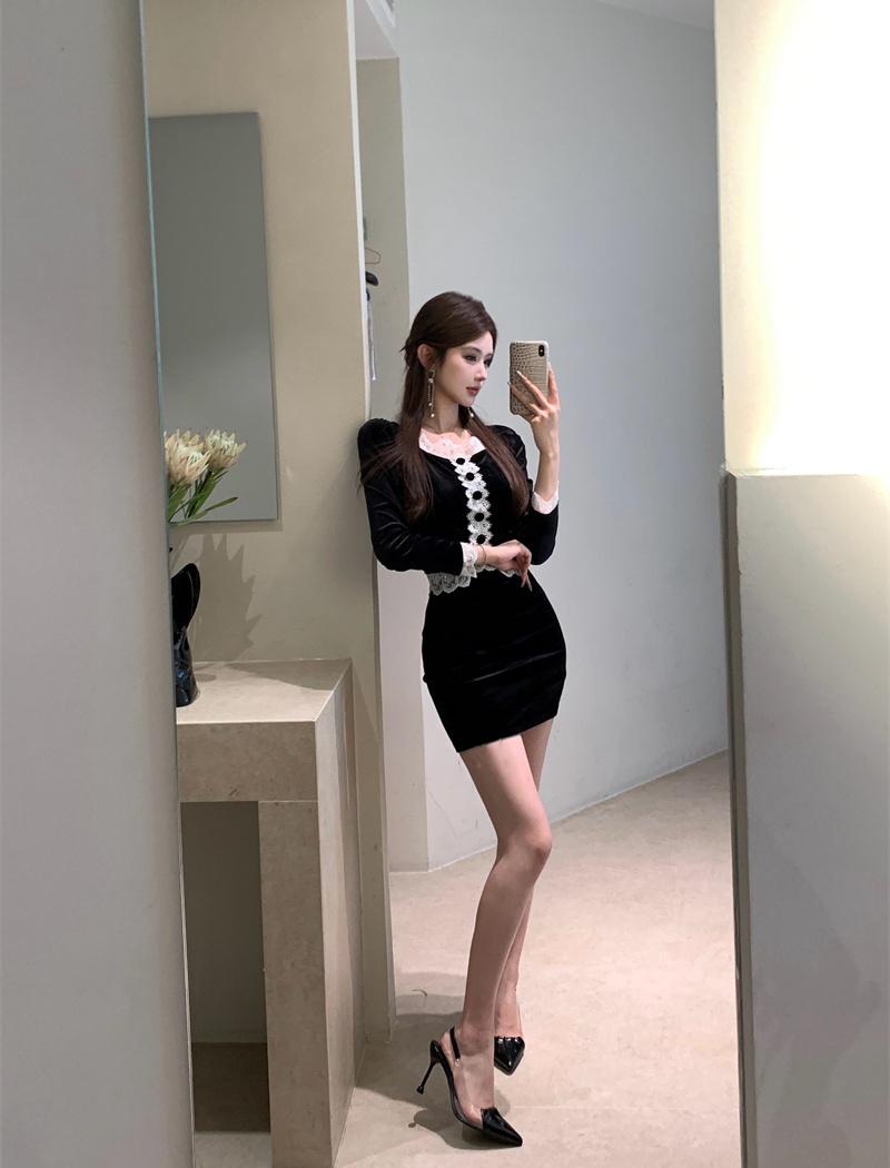 Lace splice tops slim skirt 2pcs set