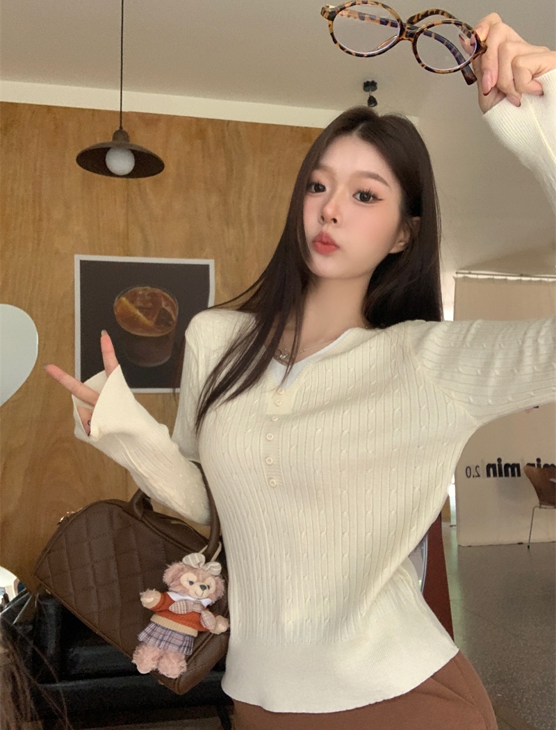 Knitted lazy tops V-neck twist bottoming shirt for women