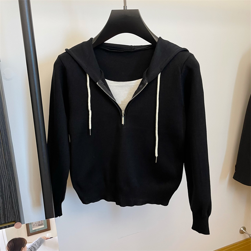 Pseudo-two half zip slim tops all-match hooded sweater