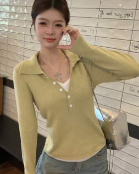 Long sleeve Pseudo-two enticement mixed colors sweater