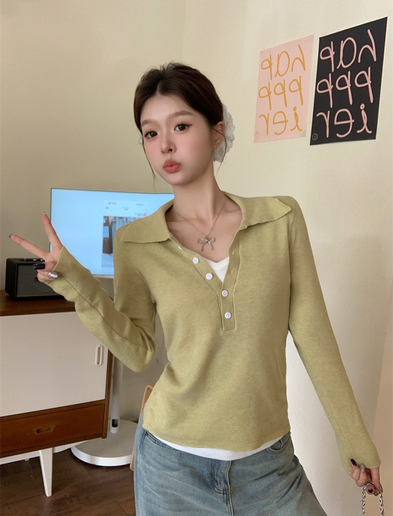 Long sleeve Pseudo-two enticement mixed colors sweater