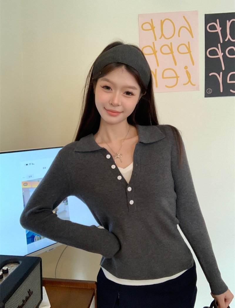 Long sleeve Pseudo-two enticement mixed colors sweater