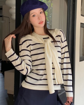 Round neck tops stripe small shirt for women