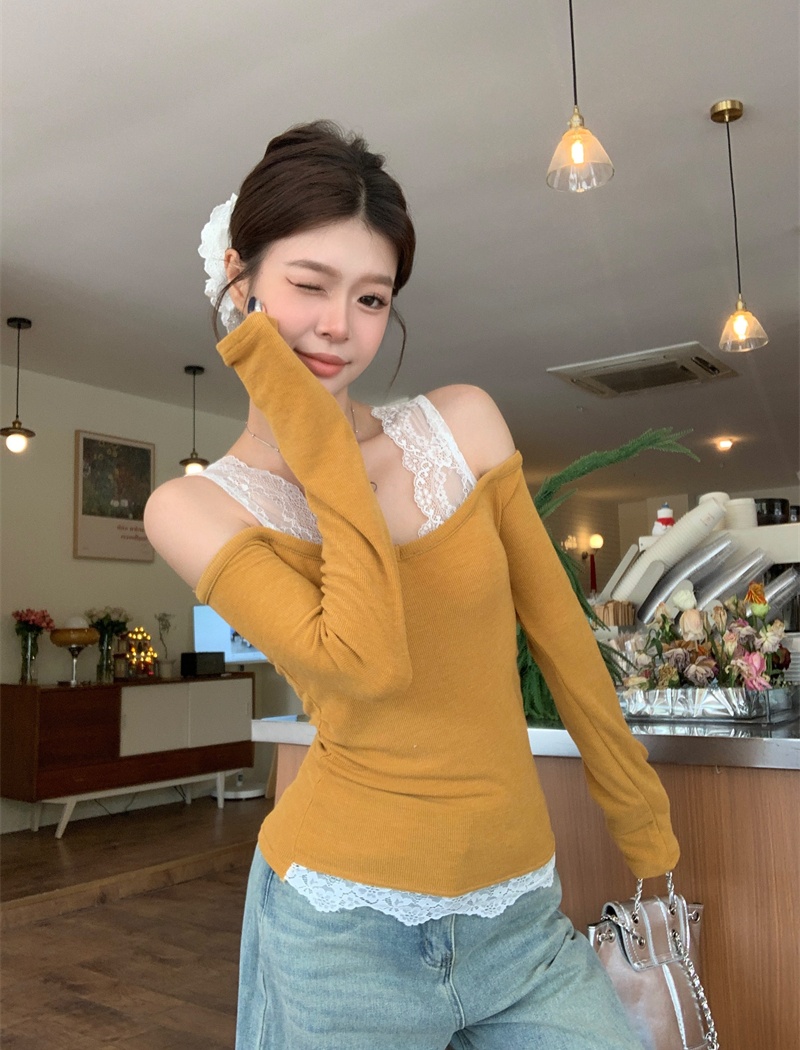 Lace splice ballet long sleeve strapless slim tops