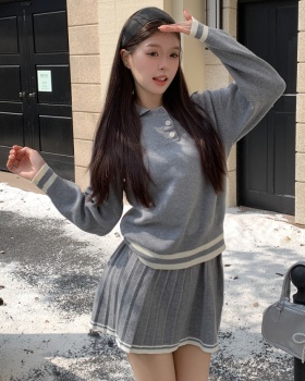 Korean style sweater pinched waist short skirt 2pcs set