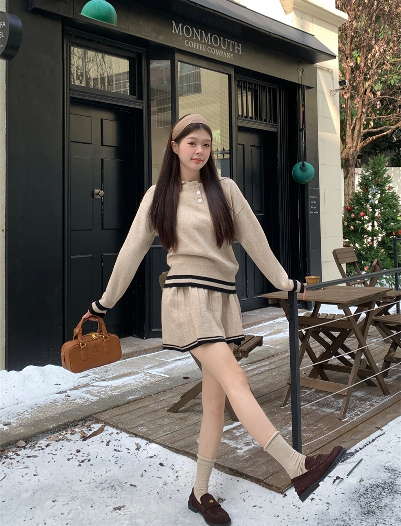 Korean style sweater pinched waist short skirt 2pcs set