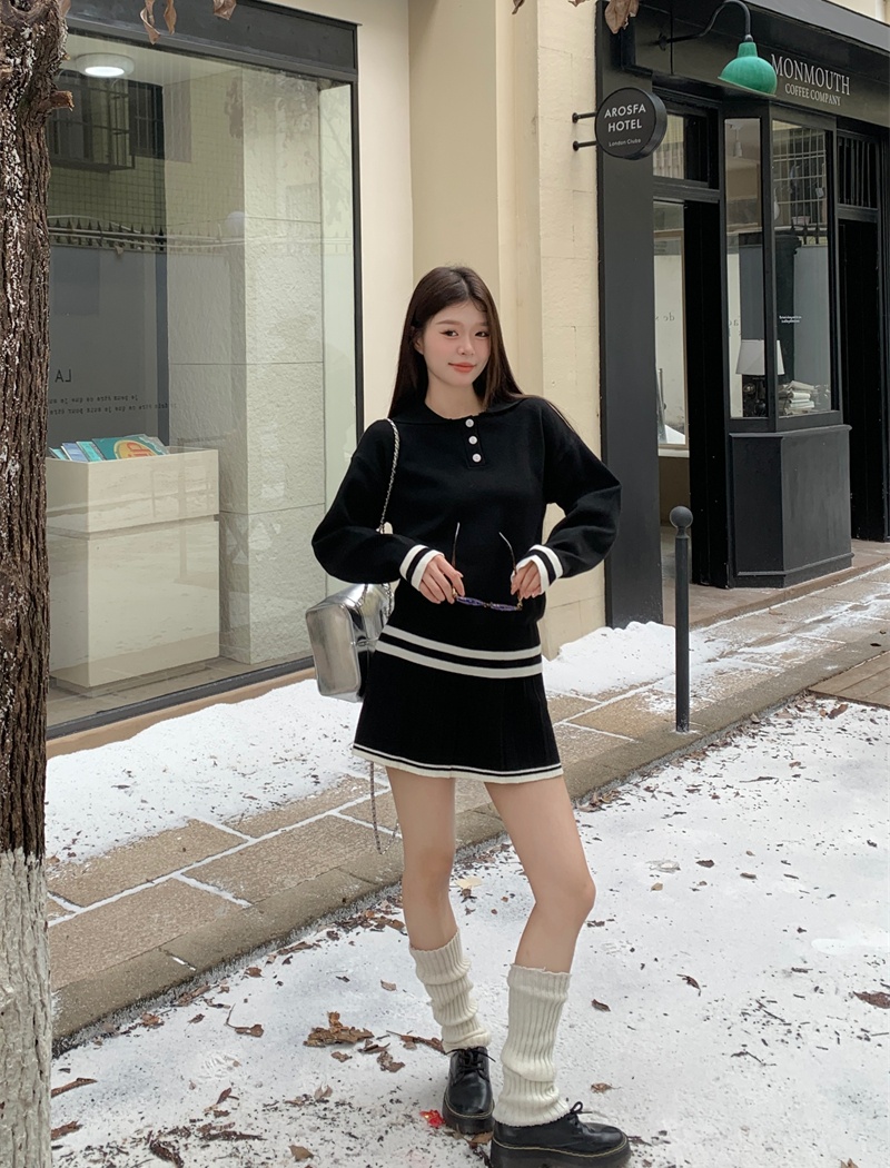 Korean style sweater pinched waist short skirt 2pcs set