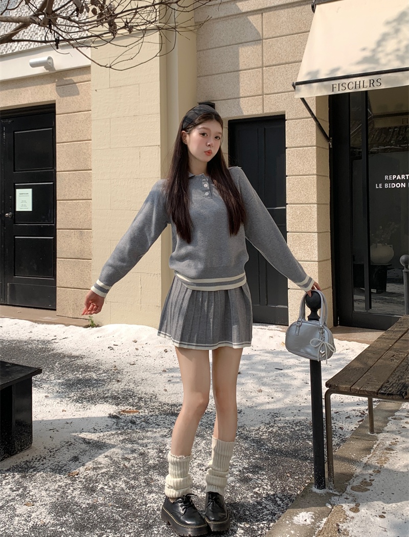 Korean style sweater pinched waist short skirt 2pcs set