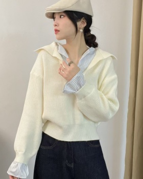 Pullover mixed colors splice Korean style sweater