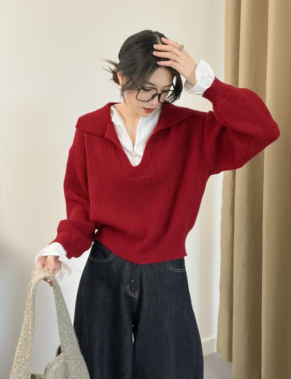 Pullover mixed colors splice Korean style sweater