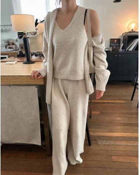 Simple Casual long pants knitted coat 3pcs set