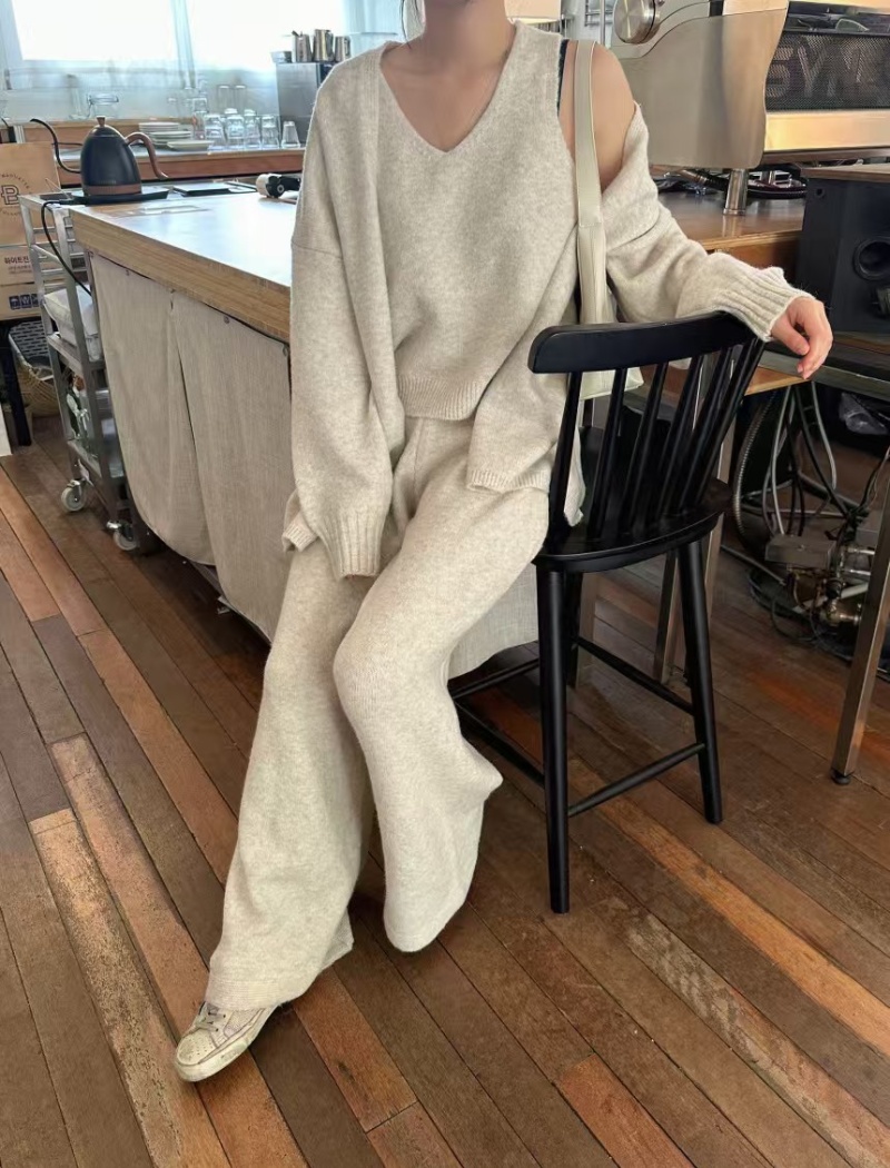 Simple Casual long pants knitted coat 3pcs set