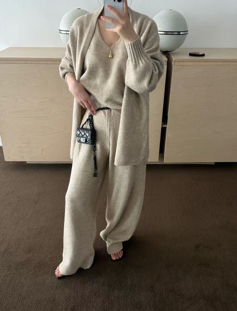 Simple Casual long pants knitted coat 3pcs set