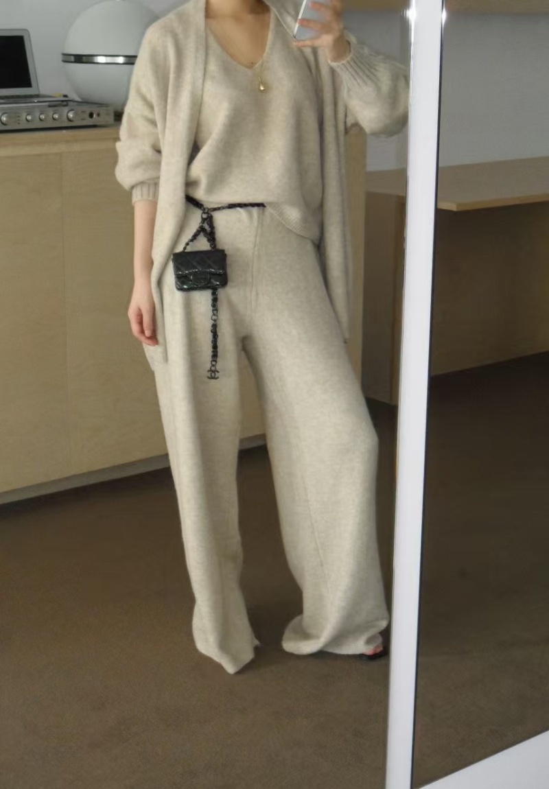 Simple Casual long pants knitted coat 3pcs set