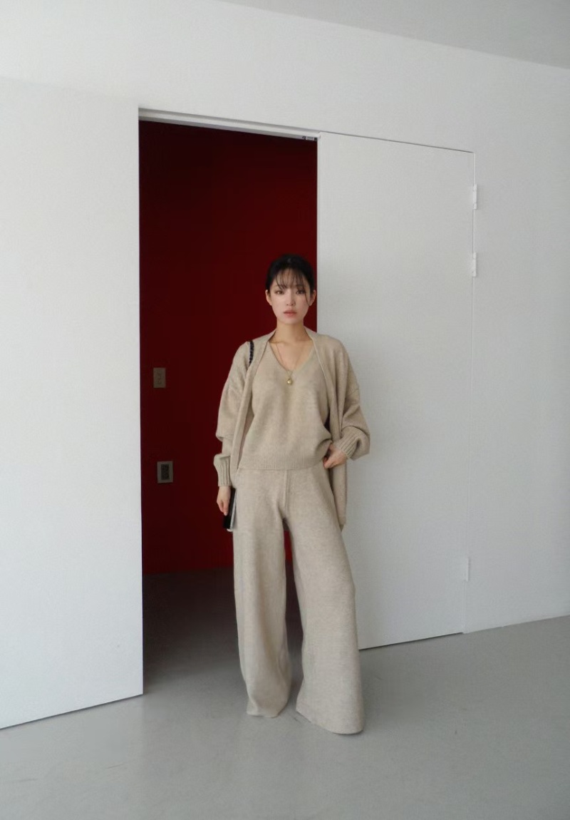 Simple Casual long pants knitted coat 3pcs set