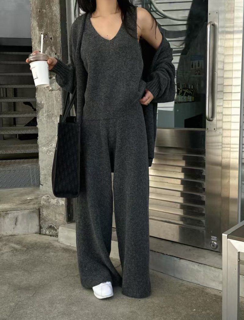 Simple Casual long pants knitted coat 3pcs set