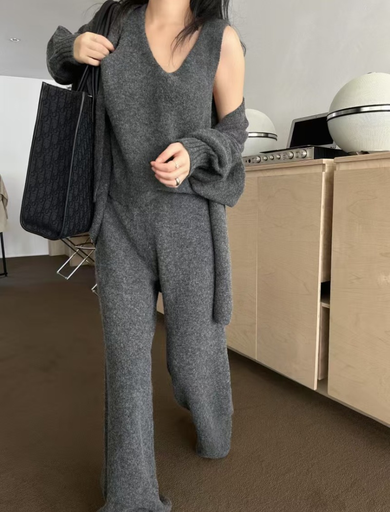 Simple Casual long pants knitted coat 3pcs set