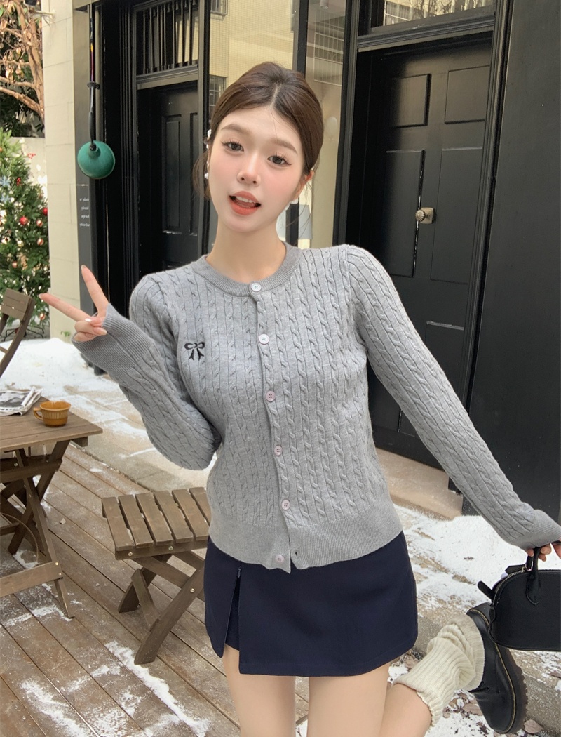 Bow all-match Casual cardigan embroidery long sleeve tops