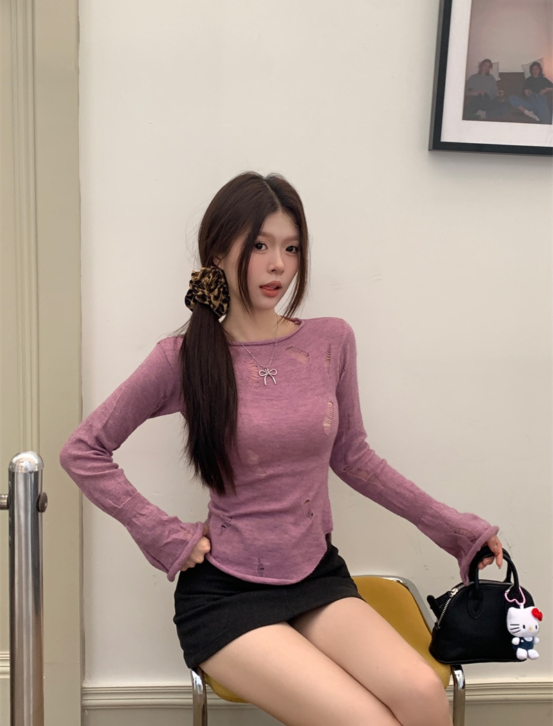 Hollow enticement sweater autumn and winter long sleeve tops