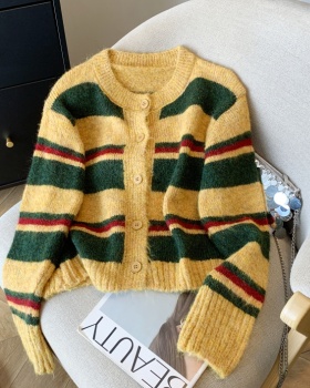 Retro mixed colors thermal coat knitted short cardigan