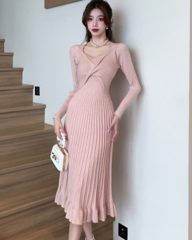 Retro wood ear knitted exceed knee mermaid dress for women