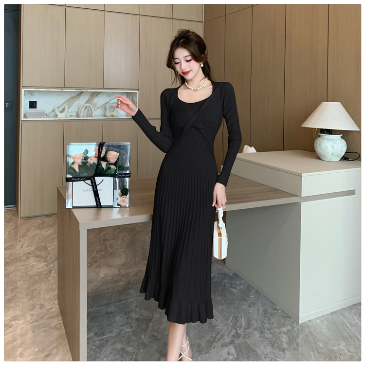 Retro wood ear knitted exceed knee mermaid dress for women