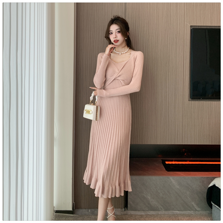 Retro wood ear knitted exceed knee mermaid dress for women