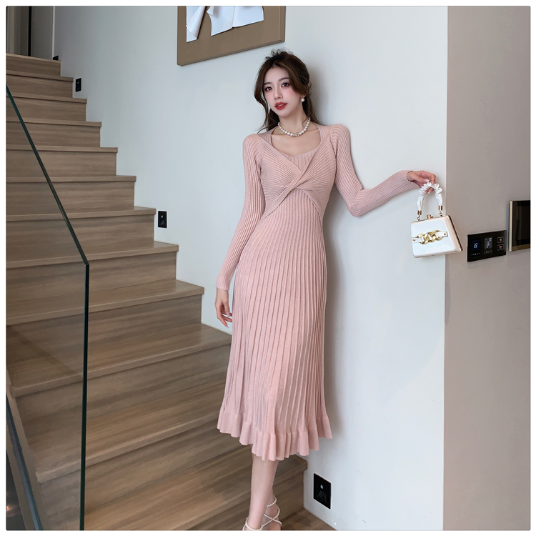 Retro wood ear knitted exceed knee mermaid dress for women