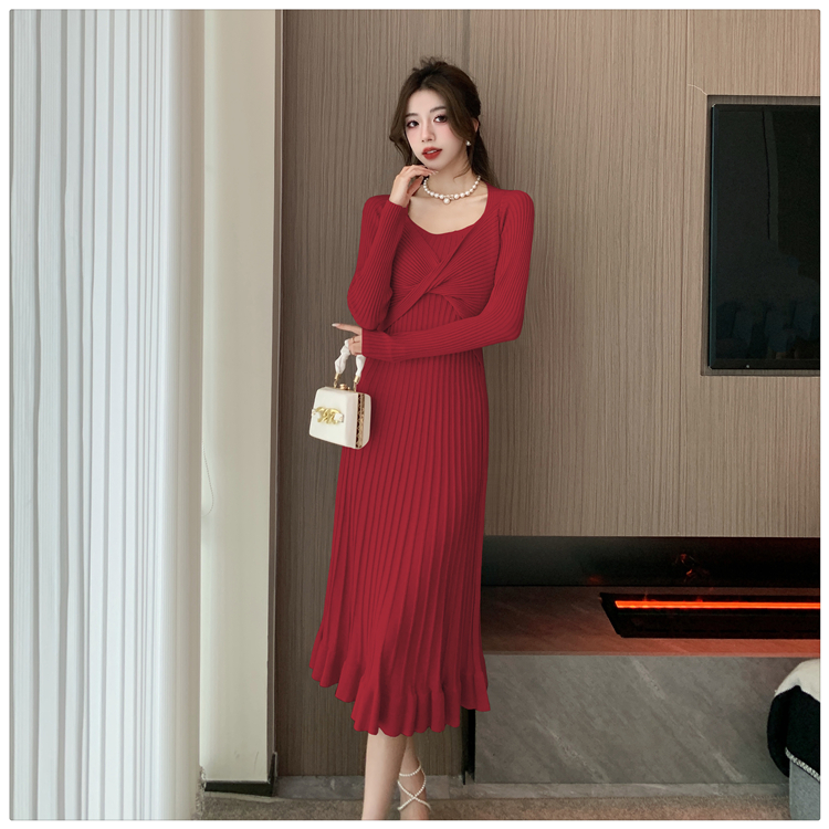 Retro wood ear knitted exceed knee mermaid dress for women