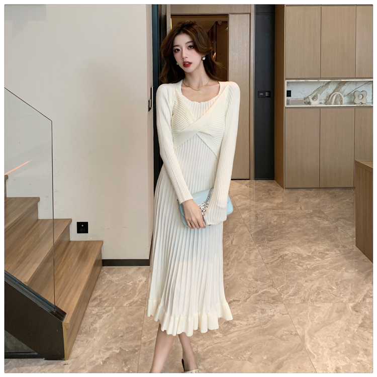 Retro wood ear knitted exceed knee mermaid dress for women