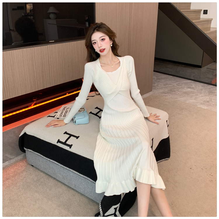 Retro wood ear knitted exceed knee mermaid dress for women