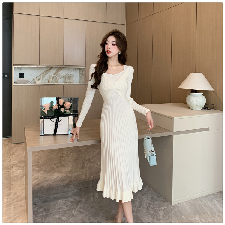 Retro wood ear knitted exceed knee mermaid dress for women