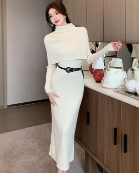 Retro knitted belt lazy fashion dress 2pcs set