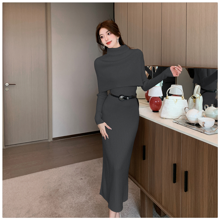 Retro knitted belt lazy fashion dress 2pcs set