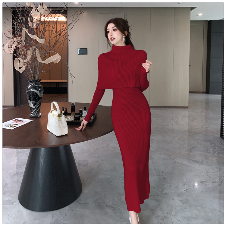 Retro knitted belt lazy fashion dress 2pcs set