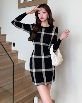 Fashion knitted sweater dress plaid dress for women