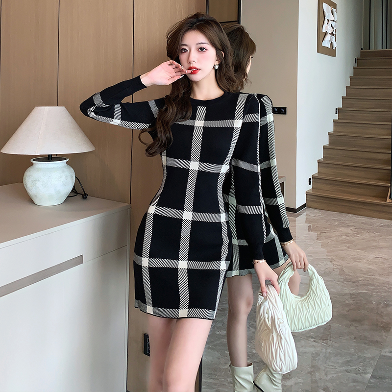 Fashion knitted sweater dress plaid dress for women