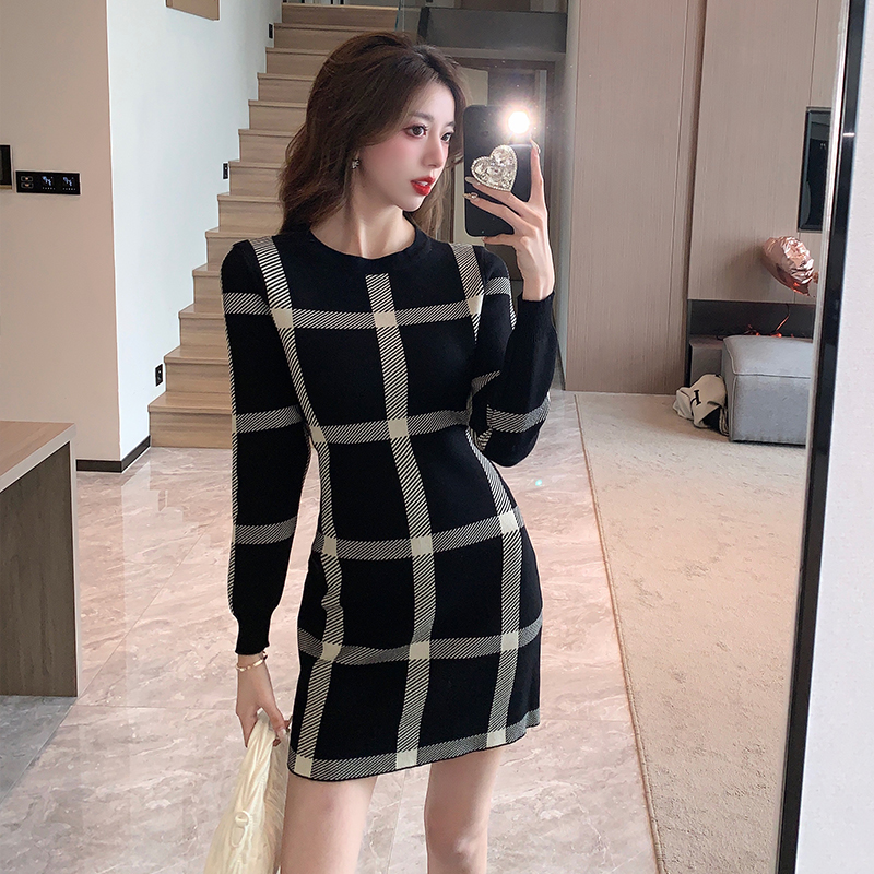 Fashion knitted sweater dress plaid dress for women