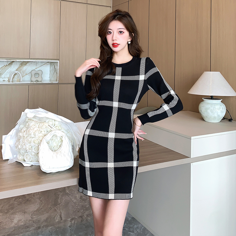 Fashion knitted sweater dress plaid dress for women