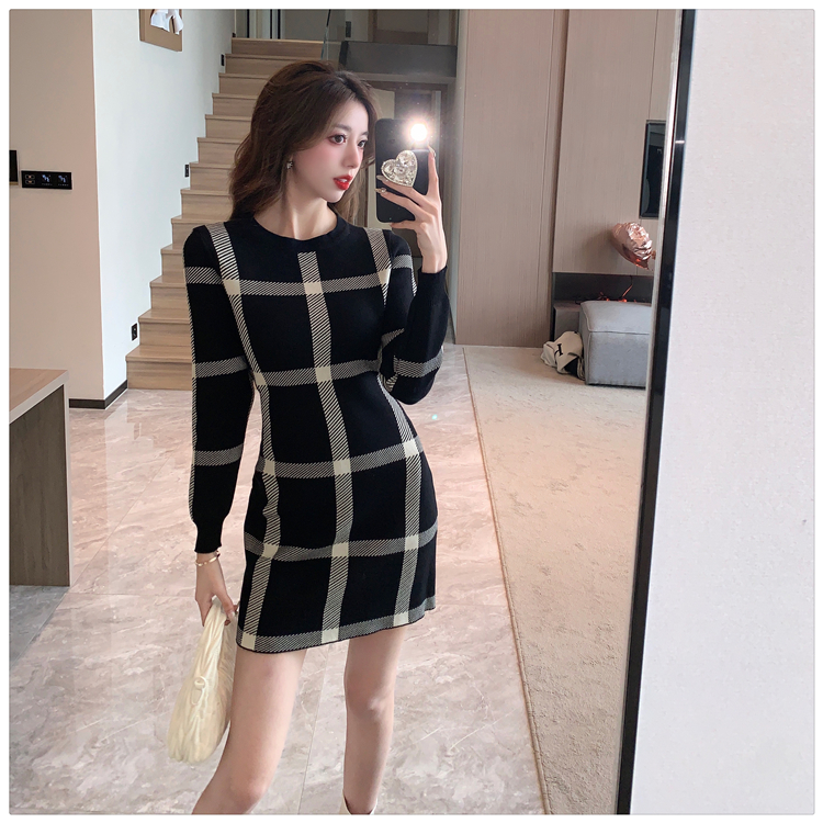 Fashion knitted sweater dress plaid dress for women