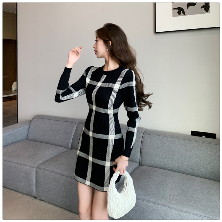 Fashion knitted sweater dress plaid dress for women