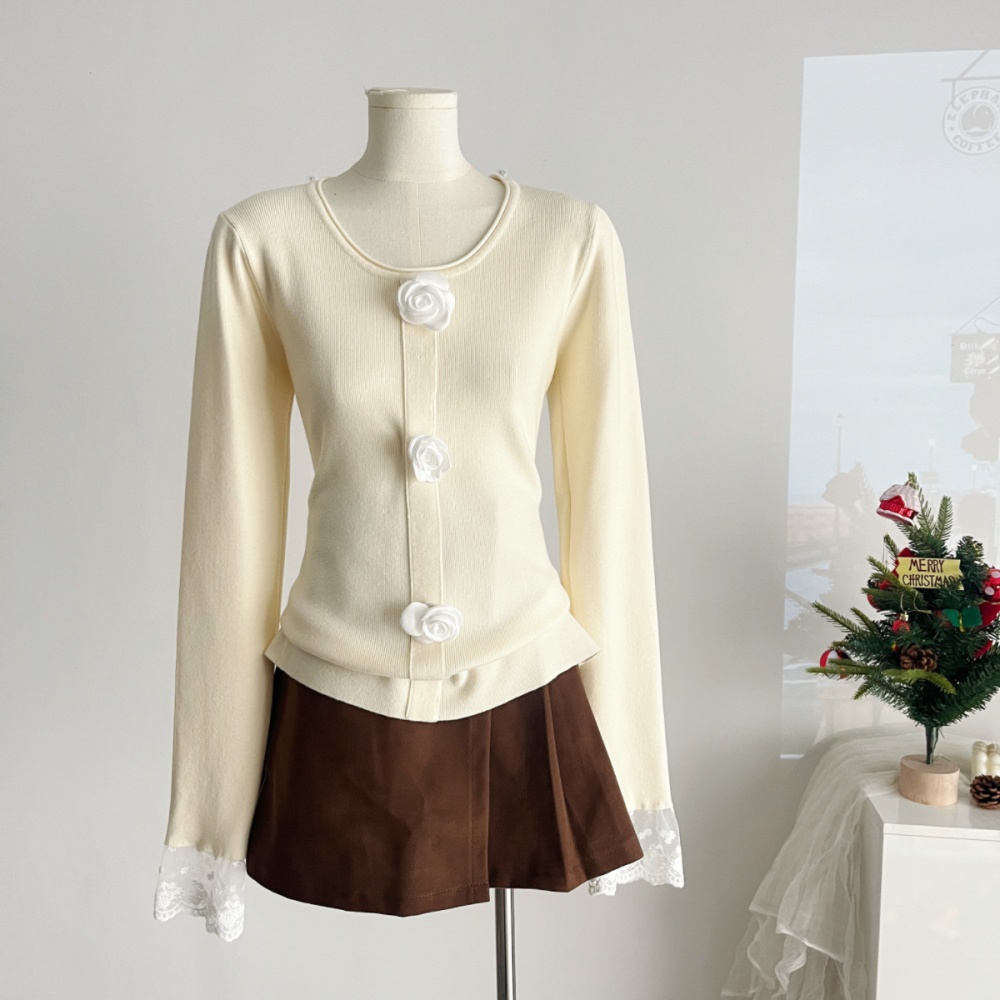 Pullover all-match flowers round neck sweater