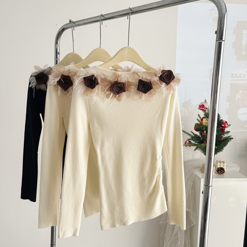 Flat shoulder folds sweater splice slim tops for women