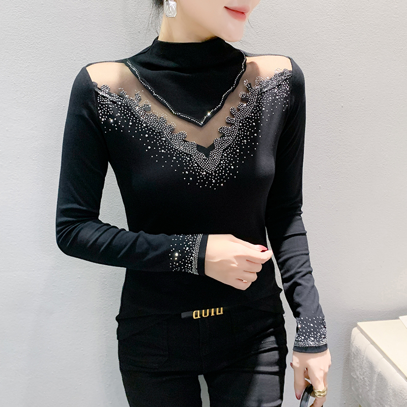 Rhinestone slim lace bottoming shirt for women