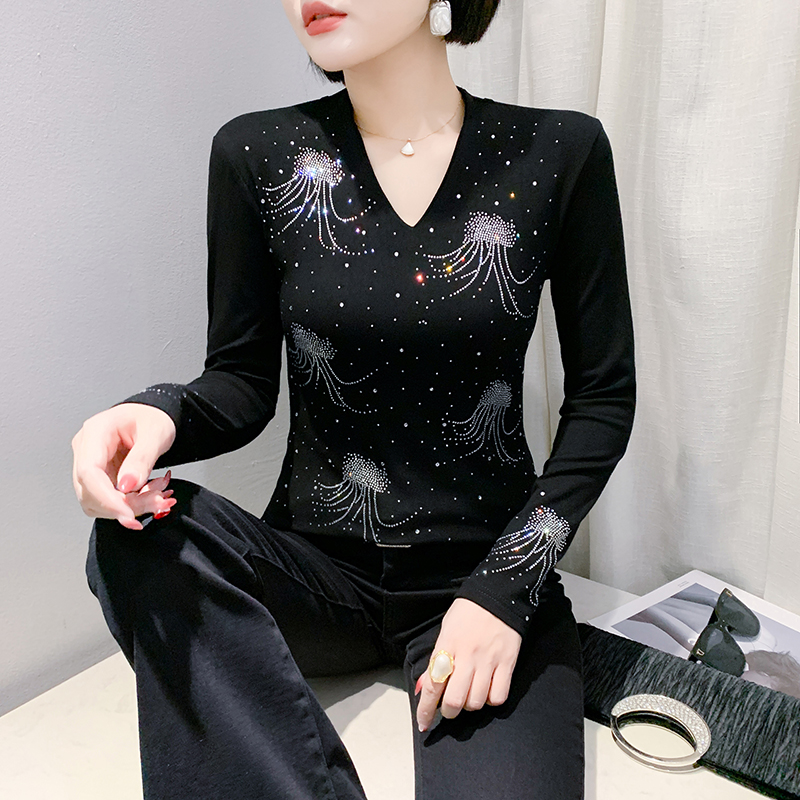 Fashion winter bottoming shirt rhinestone tops